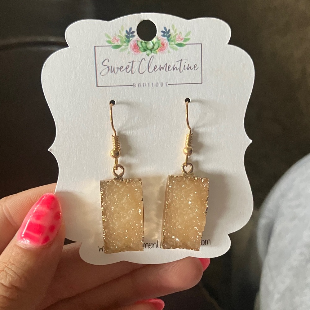 Gold Druzy Rectangle Drop Earrings